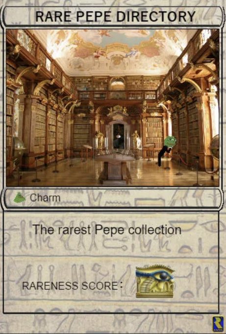 A "Rare Pepe Directory" trading card titled "The rarest Pepe collection" featuring a Pepe character standing in an ornate baroque library, with a "Rareness Score" of Golden (Golden rarity) and a Charm status icon. The card depicts the historical Strahov Monastery Library interior and corresponds to the "PEPELIBRARY" Rare Pepes series 2 card 13, fitting the "art on bitcoin" theme.