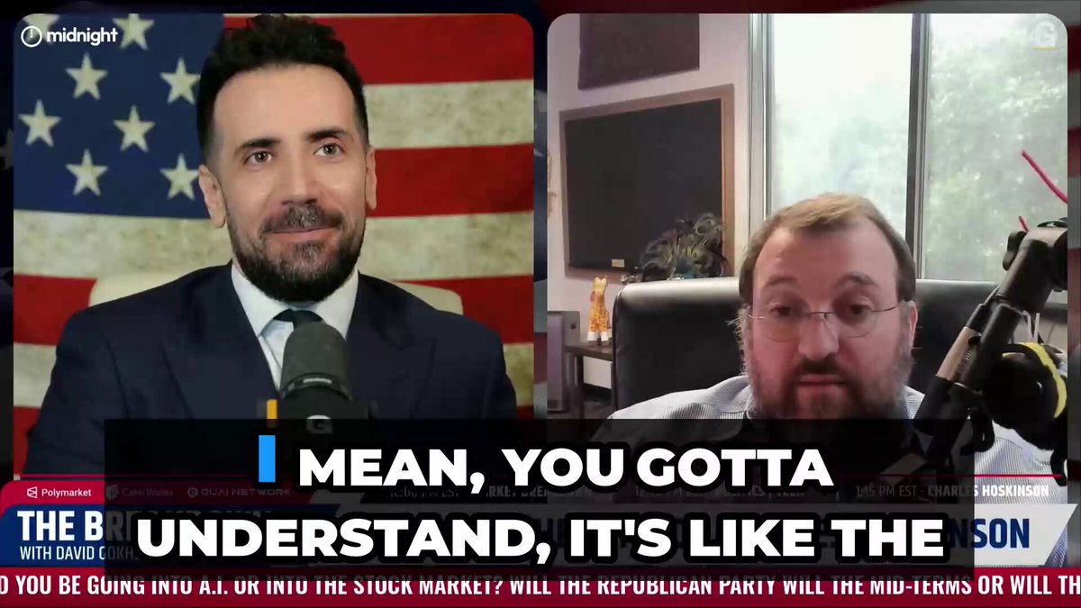 The image shows a man wearing a suit, sitting behind a microphone with another man standing next to him. The background features an American flag, suggesting that they are discussing political topics or events related to the United States. The text "I mean, you kinda understand," and "It's like the", along with other words in the image, may be part of a podcast script or discussion topic.