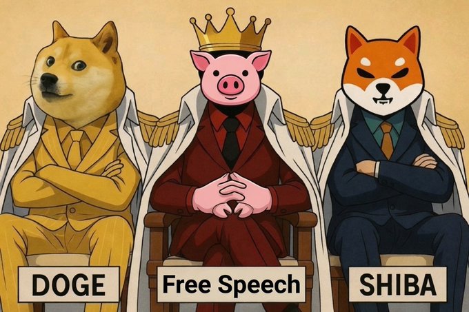 An illustrated image shows three figures seated on thrones, each labeled below: "DOGE" (a Shiba Inu dog), "Free Speech" (a pig wearing a crown), and "SHIBA" (a Shiba Inu dog).
