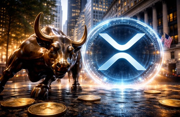 A digital illustration featuring a bronze bull statue next to a large XRP cryptocurrency coin, set against a backdrop of a city street with gold coins scattered on the ground.