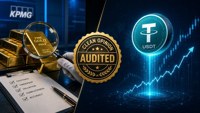 Three-panel graphic showing a KPMG-branded gold bar inspection with a 'Clean Opinion Audited' badge in the center, and a Tether (USDT) coin above a rising cryptocurrency price chart on the right.