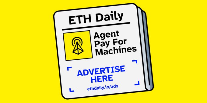 The image features a yellow sign that says "ETH Daily" at the top, followed by an advertisement for Mastercard's Agent Pay for Machines service. The text below the sign reads "NEW: Mastercard launched Agent Pay for Machines (AP4M) to permission, orchestrate, and settle high-frequency machine payments across cards, accounts, and stablecoins, with 30+ launch partners including Coinbase, Aave Labs, Polygon, and Ripple ethdaily.io/mastercard". The sign is placed on a yellow background, which makes it stand out against the white text.