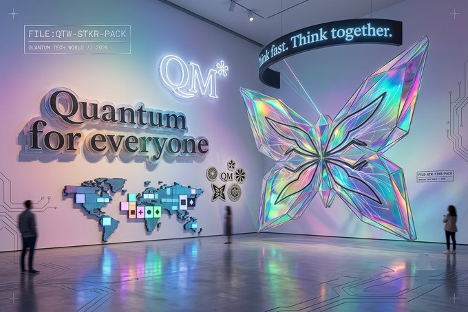 A futuristic exhibition space titled 'Quantum for everyone' with a large iridescent butterfly sculpture and the tagline 'Think fast. Think together.'