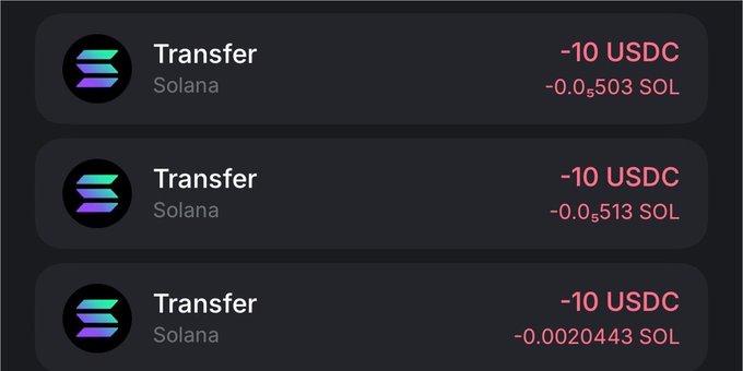 The image shows three Solana blockchain transfer notifications, each deducting 10 USDC along with small SOL amounts (0.503, 0.513, and 0.0020443 SOL) as gas fees, likely representing winnings or transfers sent to the tagged recipients. These transaction records align with the post's announcement of distributing prizes to the mentioned winners.