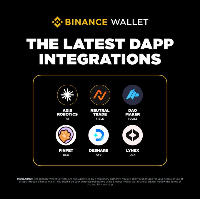 A Binance Wallet promotional graphic titled 'THE LATEST DAPP INTEGRATIONS' showcasing six partner logos including Axis Robotics, Neutral Trade, Dao Maker, Pinpet, Deshare, and Lynex, with a disclaimer at the bottom.