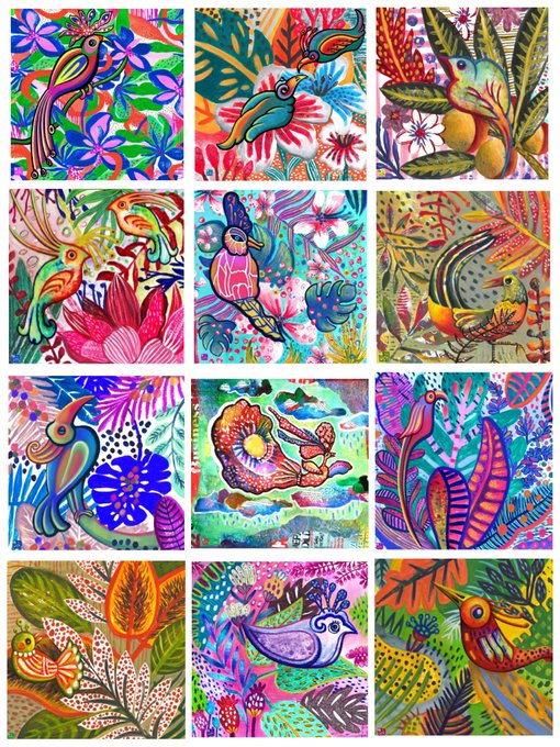 A grid of twelve colorful, intricately patterned illustrations featuring stylized birds, fish, and tropical flora in vibrant hues.