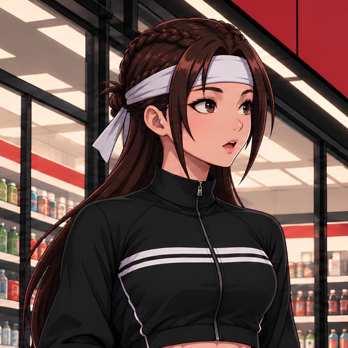 👟 An anime-style illustration features a brunette woman with a white headband wearing a black tracksuit jacket, set in what appears to be a store interior.