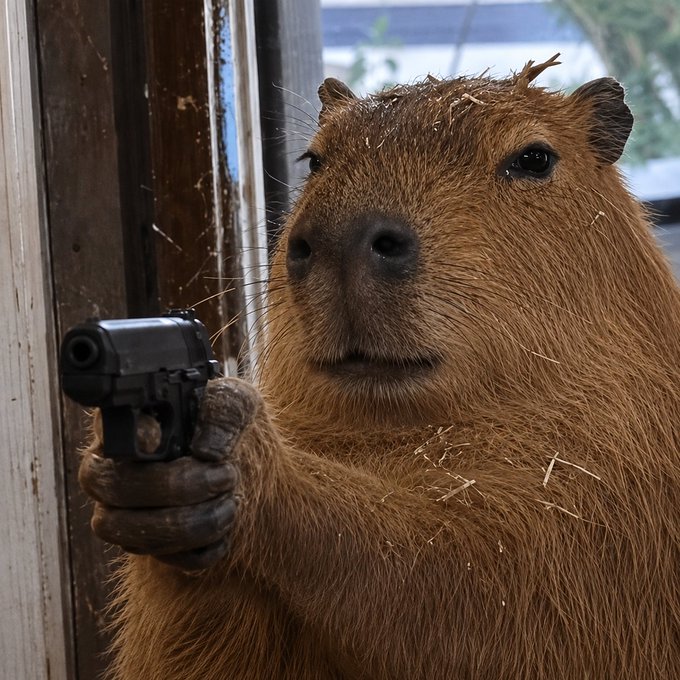 A close-up photograph of a capybara holding a black handgun, staring directly at the camera from what appears to be a doorway.