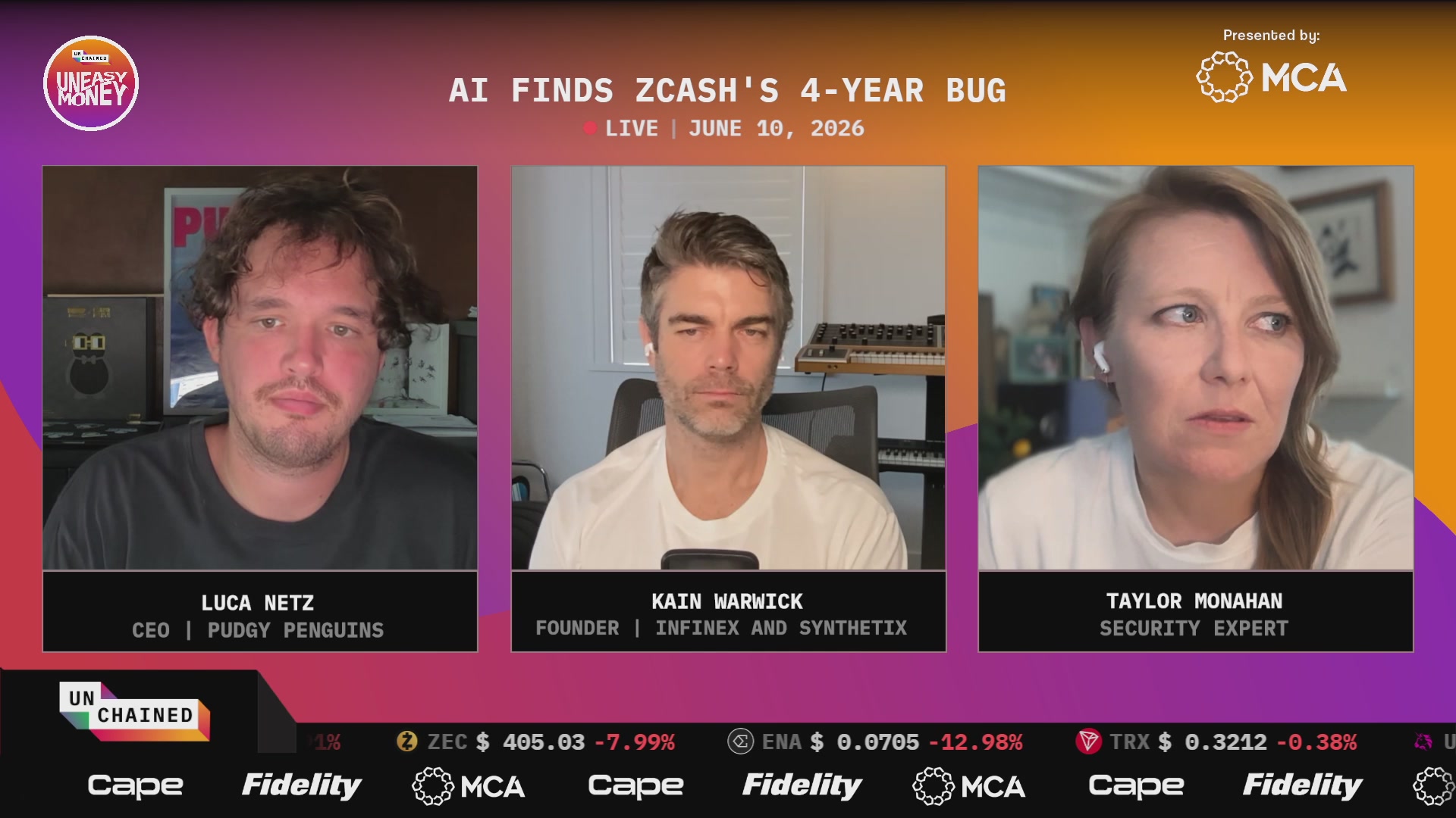 The image features three people sitting behind a computer screen with their faces displayed on the screen. The background of the image has a purple, orange, and white color scheme. The text "AI Finds Zcash's 4-year bug" is written in black at the top left corner of the image. The names of the individuals are displayed below them, including "Luka Nataev", "Kanez", and "Taylor".