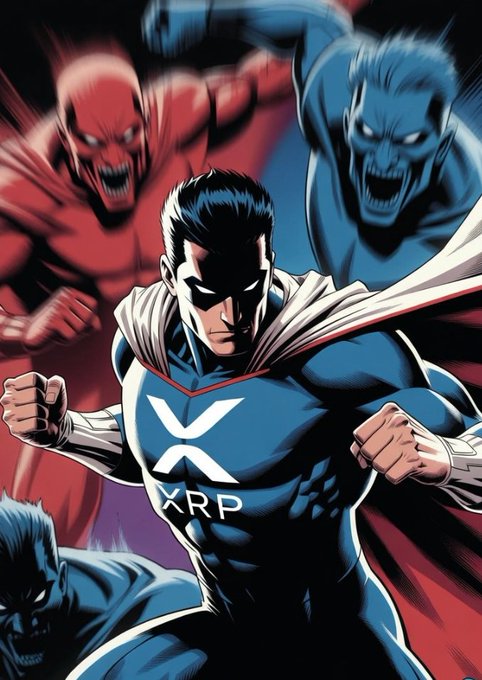 A comic book-style superhero wearing a cape emblazoned with "XRP" charges forward in a fighting stance, flanked by menacing red and blue monstrous figures. The image symbolizes the post's message of XRP as a powerful defender standing strong against adversity in the crypto market.