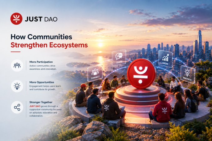 A promotional banner for JUST DAO titled 'How Communities Strengthen Ecosystems,' featuring imagery of people gathered around a central icon with a cityscape and sunset in the background.