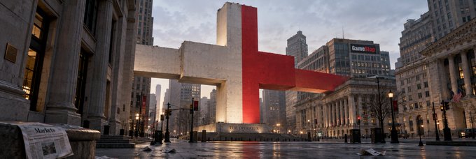 A surreal urban scene featuring a massive red and beige cross-like sculpture in a city plaza with classical architecture and a Markets newspaper visible.