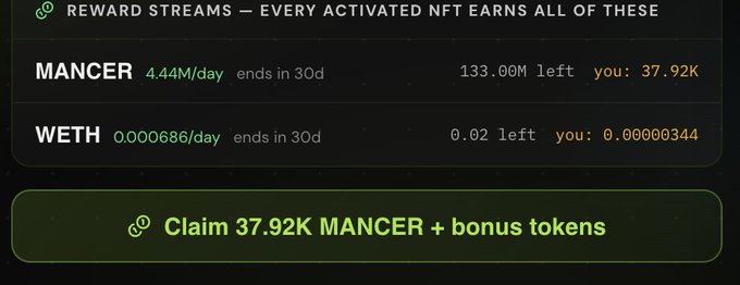 The image displays a "Reward Streams" dashboard showing daily earnings, with MANCER yielding 4.44M/day (37.92K available to claim) and WETH yielding 0.000686/day (0.00000344 earned), totaling a 30-day claim period. The post "Chain Mancer being paying out weth now too" is reflected in the addition of WETH as a secondary reward stream alongside the MANCER tokens.

Claim 37.92K MANCER + bonus tokens