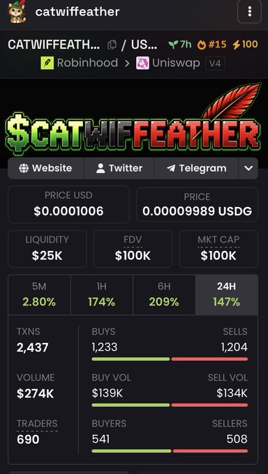 The image shows a cryptocurrency token page for "CATWIFFEATHER" (CATWIFF... ticker) on a trading platform, displaying key metrics including a price of $0.0001006 USDG, $25K liquidity, $100K FDV and market cap, with 147% gains in the 24H timeframe, 2,437 transactions, $274K volume, and 690 traders. The post celebrates the $100K market cap milestone displayed in the image, announcing it as the next goal to reach $1M, while sharing the contract address 0x9411673acad2Ff68810713cbc04E029c8d636FE6 for the token.
