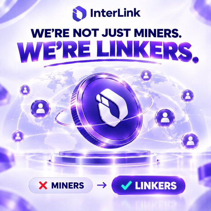 A promotional graphic for InterLink features a purple coin with a chain link logo, surrounded by user icons and text stating 'WE'RE NOT JUST MINERS. WE'RE LINKERS.' and a transition from 'MINERS' to 'LINKERS'.
