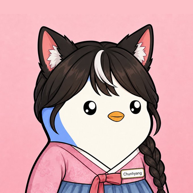Cartoon illustration of a round white cat-like character with brown hair, a white streak, and a pink Korean hanbok, with a name tag reading 'Chunhyang'.