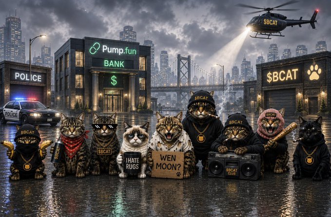 AI-generated illustration of a gang of cats dressed in '$BCAT' streetwear posing in front of a 'Pump.fun BANK' and police station at night, with one cat holding an 'i HATE RUGS' sign and another a 'WEN MOON?' sign.