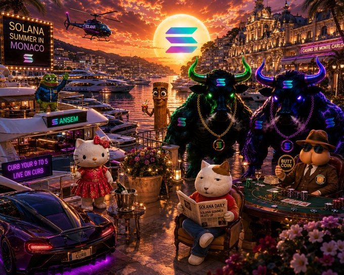 A vibrant, surreal scene depicts a "Solana Summer in Monaco" gathering featuring NFT mascots—including Hello Kitty, a SPX-style cat reading a "Solana Daily" paper, and glowing bull figures with $SOL branding—alongside references to $ANSEM, $CURB, and $BUTTCOIN, capturing the luxury, meme-driven Solana bull culture referenced in the morning post.