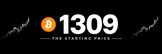A black graphic with a Bitcoin logo displaying the number '1309' and the text 'THE STARTING PRICE'.