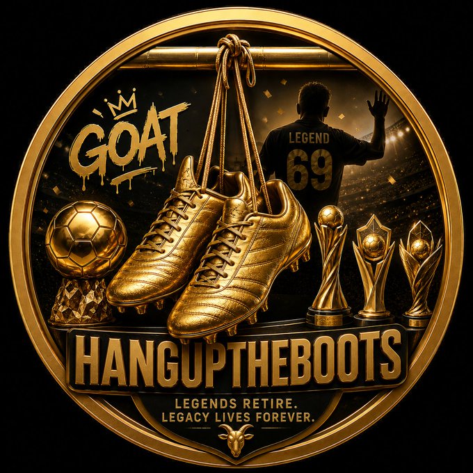 A golden emblem features soccer cleats hanging from a bar above trophies and a ball, with the text 'GOAT', 'HANGUPTHEBOOTS', and 'LEGENDS RETIRE. LEGACY LIVES FOREVER.'