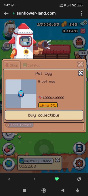 A screenshot from sunflower-land.com shows a pixel-art game shop menu selling a 'Pet Egg' for 10,001 coins with a purchase limit of 0/1.