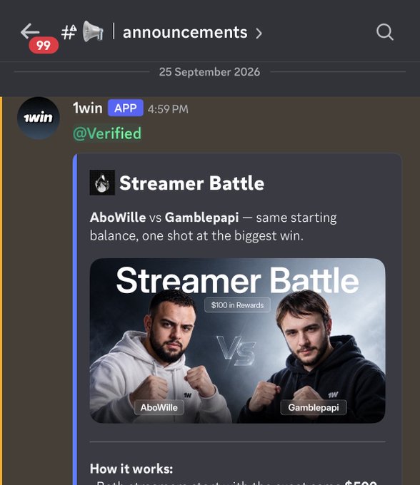 Screenshot of a Discord '#announcements' channel from '1win APP' dated 25 September 2026, promoting a 'Streamer Battle' between AboWille and Gamblepapi with '$100 in Rewards'.