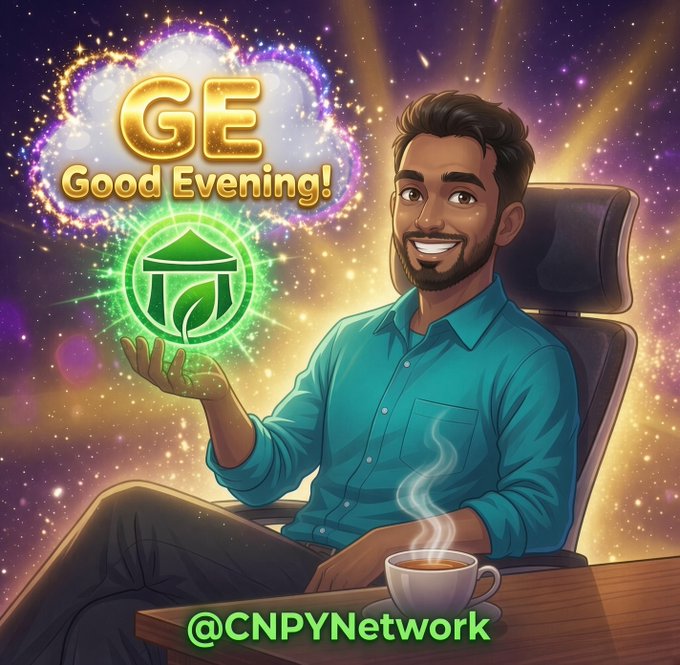 A cartoon illustration of a smiling man holding a glowing green leaf logo, with a text bubble saying "GE Good Evening!" and the handle "@CNPYNetwork" displayed at the bottom.