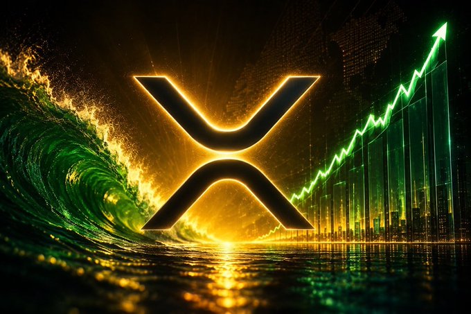 A glowing XRP logo sits at the center between a massive cresting wave on the left and a rising green upward arrow overlaid on a city skyline to the right, visually reinforcing the post's message of explosive 75x growth in XRP Ledger payment volume from $68M to $5B in 17 months.