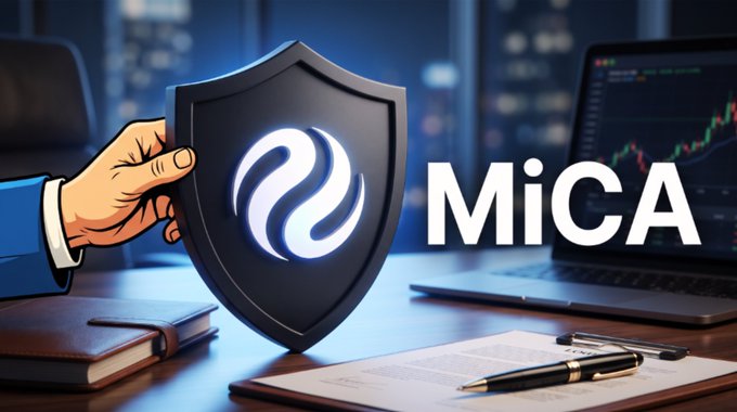 A stylized graphic shows a hand holding a black shield with a white logo next to the text 'MiCA', referencing the EU's Markets in Crypto-Assets regulation, set against a backdrop of a laptop displaying a trading chart.