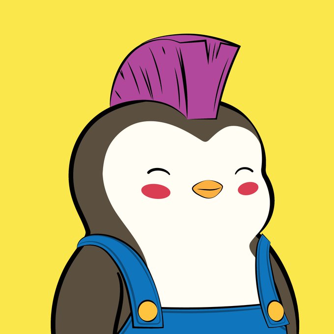 A cartoon penguin with a purple mohawk smiles with closed eyes against a yellow background.