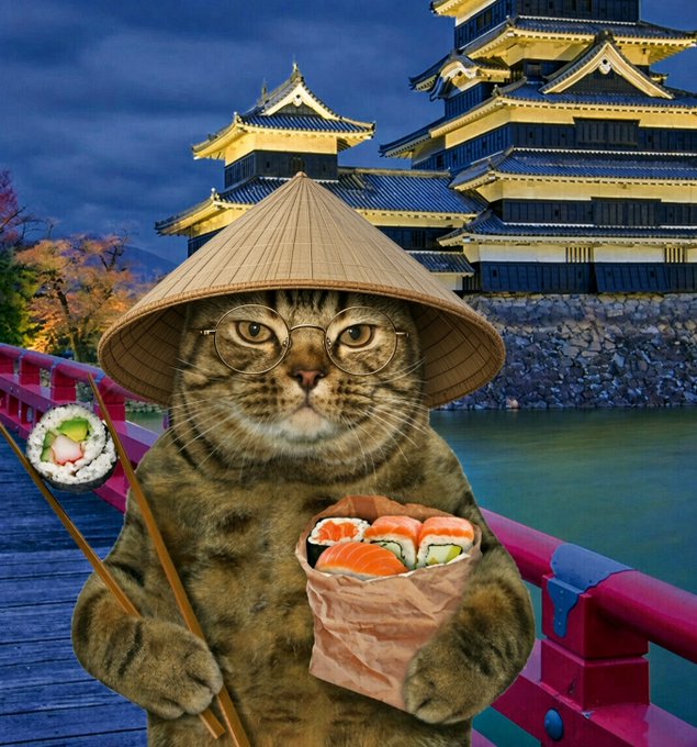 A cat dressed in traditional Japanese attire, including a straw hat and round glasses, holds chopsticks and a bag of sushi in front of a Japanese castle at dusk.