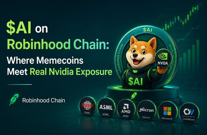 A promotional graphic for '$AI on Robinhood Chain: Where Memecoins Meet Real Nvidia Exposure' featuring a Shiba Inu mascot and logos for TSMC, ASML, AMD, Micron, Microsoft, and CoreWave.