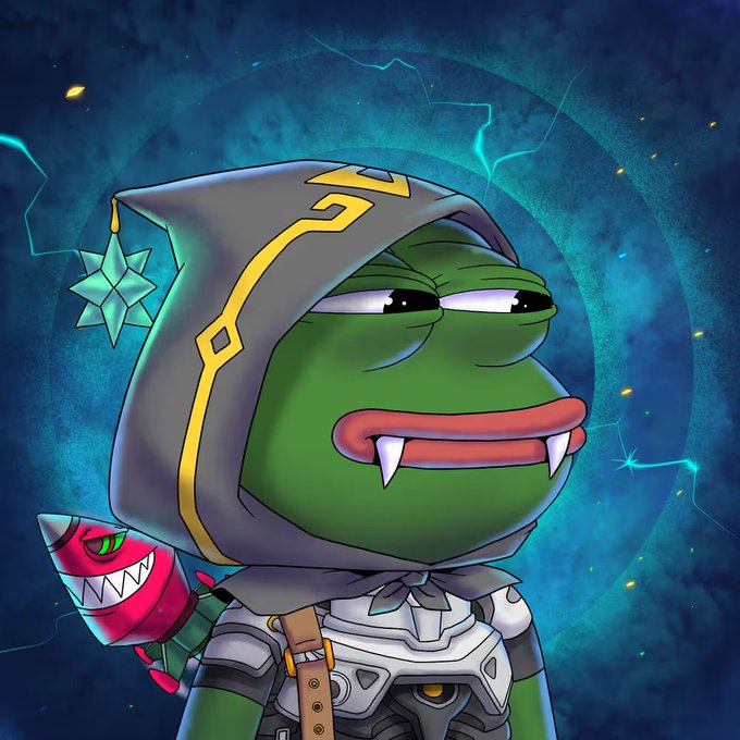 A cartoon illustration of a green Pepe-like frog character wearing a hooded cloak with a star emblem, accompanied by a small red rocket-shaped companion on its shoulder, set against a blue magical background.