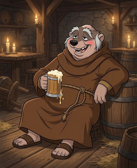 A cartoon illustration of a smiling monk-like character in a brown robe, sitting in a rustic tavern and holding a foaming mug of beer next to wooden barrels.