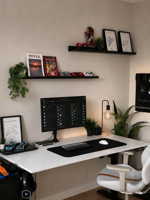 A home office setup with a monitor displaying what appears to be a cryptocurrency trading platform, surrounded by shelves with framed prints, books titled "TRYSIL" and "AVENGERS," plants, and a desk lamp. The image ironically contrasts the polished workspace with the post's desperate plea for a memecoin to escape poverty, mocking the fantasy that a clean desk and screen full of charts will deliver wealth.