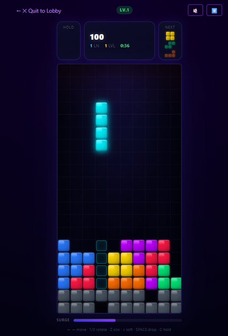 A screenshot of a Tetris-style mobile game shows colorful blocks stacked at the bottom of a grid with a glowing cyan piece descending, displaying a score of 100 and level information.