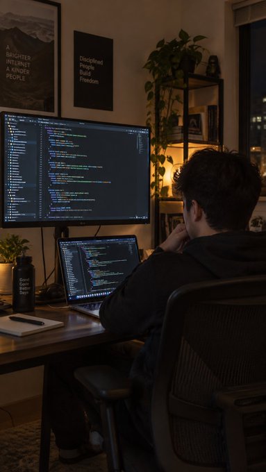 A person sits at a desk coding on a laptop and monitor, with wall art reading 'A BRIGHTER INTELLECT...' and 'Disciplined People Build Freedom'.