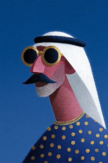 A stylized digital illustration of a man with a black mustache and beard wearing a white keffiyeh, round yellow sunglasses, and a blue polka-dot robe against a solid blue background.
