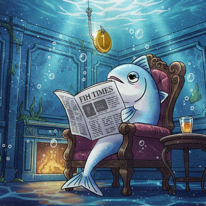 An illustrated fish wearing pink blush sits in an ornate armchair reading a newspaper titled 'FIH TIMES' in an underwater room, with a gold coin marked '1' dangling on a fishhook above it.