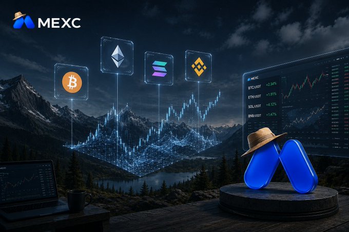 MEXC cryptocurrency exchange promotional image showing floating crypto coin icons (Bitcoin, Ethereum, Solana, Binance) above a mountainous landscape with trading charts and the MEXC logo.
