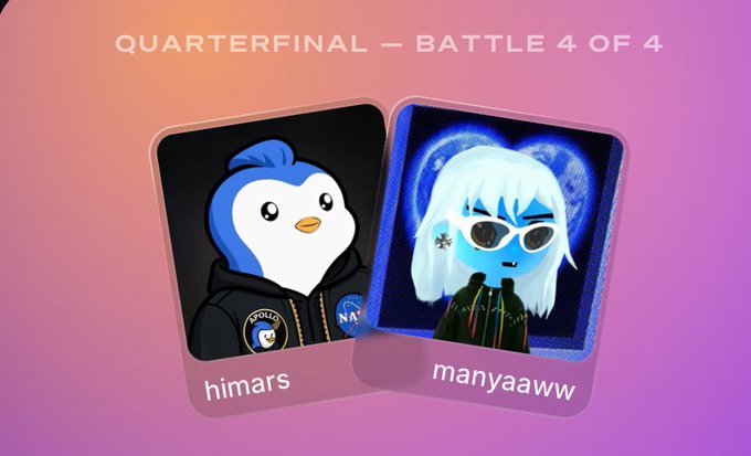 A 'QUARTERFINAL — BATTLE 4 OF 4' graphic showing two character cards: a blue penguin-like figure named 'himars' and a white-haired blue character with sunglasses named 'manyaaww.'