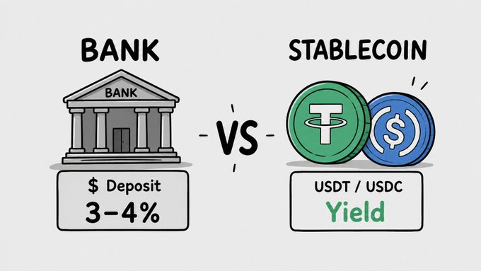 An infographic comparing bank deposits offering 3-4% interest versus stablecoin (USDT/USDC) yields, featuring a classical bank building illustration on the left and green and blue stablecoin coins on the right.