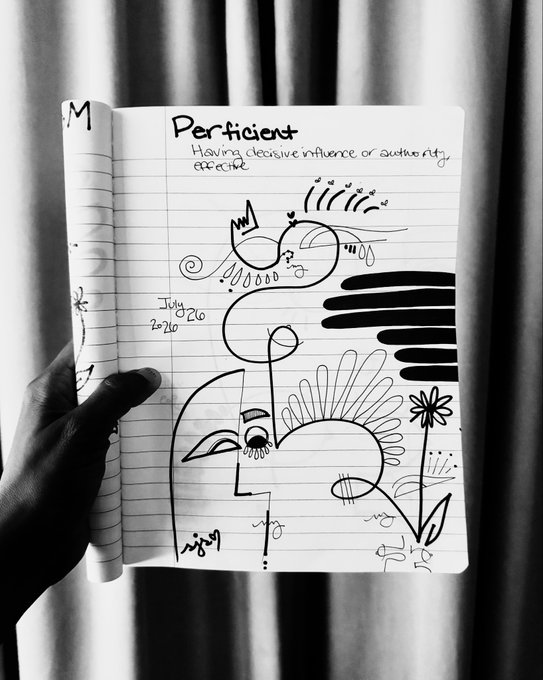 A hand holds open a black-and-white lined notebook displaying a hand-drawn illustration with the word 'Perticient' written at the top, along with its definition and a date of July 26, 2020.