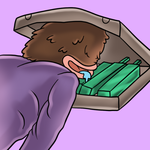 The cartoon shows a person with brown hair greedily drooling while hugging stacks of green cash in a briefcase. The image relates to the post by humorously depicting the poster's enthusiasm for "green," visually emphasizing their love for money through the exaggerated, salivation-drooling depiction.