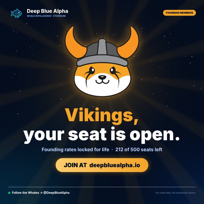 A promotional graphic for 'Deep Blue Alpha' with the tagline 'Vikings, your seat is open,' featuring a shiba inu dog wearing a viking helmet, and text noting 'Founding rates locked for life · 212 of 500 seats left' and 'JOIN AT deepbluealpha.io'.