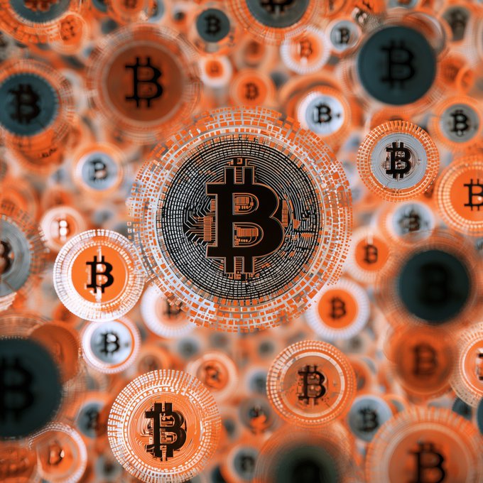 An artistic rendering displays multiple Bitcoin (₿) cryptocurrency coins with an orange color scheme, featuring a large central coin surrounded by smaller ones.