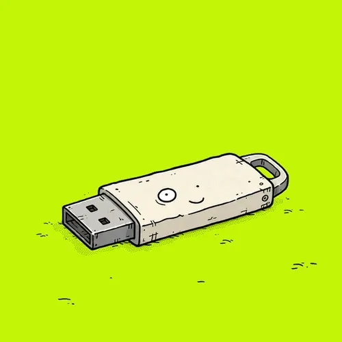 An illustration of a USB flash drive with a smiling face drawn on it, set against a bright green background.