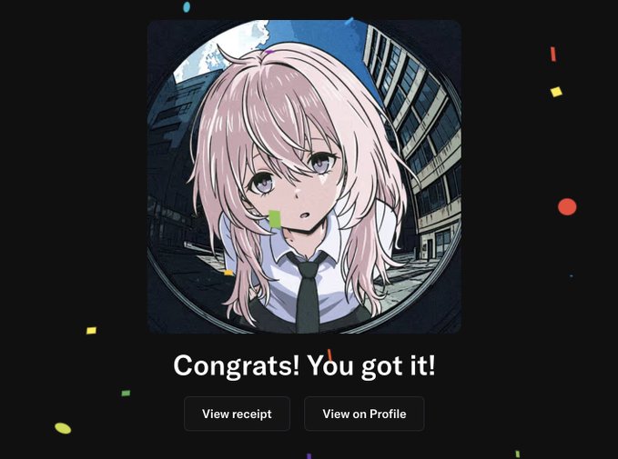 A dark-themed digital card or receipt screen showing an anime-style pink-haired character with the text 'Congrats! You got it!' and buttons for 'View receipt' and 'View on Profile'.