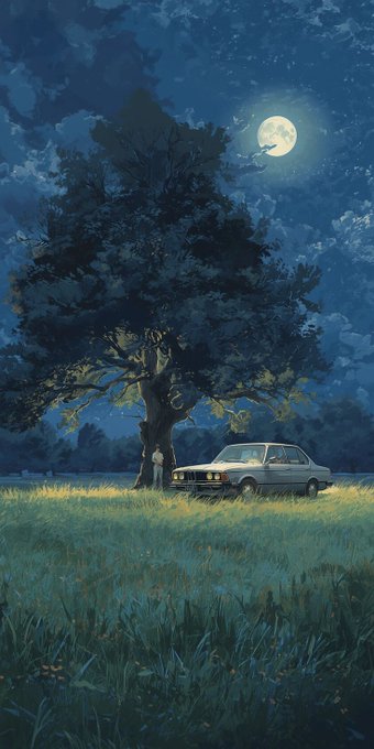 The image features a car parked under a tree with a full moon above it. The scene appears to be set in an open field, possibly at night or during dusk. There are no other people visible in the image, giving it a serene atmosphere. The car is positioned near the center of the frame and seems to be stationary. The sky has a dark blue color with some clouds scattered across it, creating a peaceful ambiance.