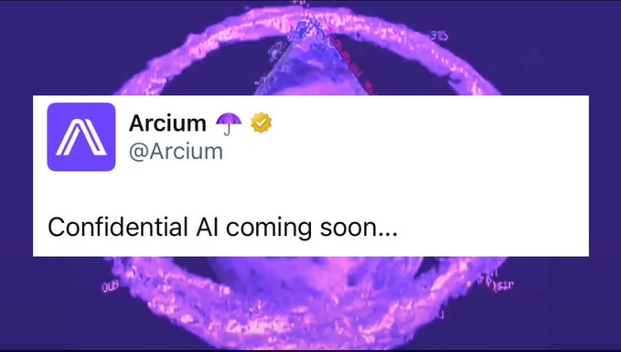 The image features a purple background with an announcement about a new AI technology called "Confidential AI" that has been developed. The text on the image reads, "wait a minute... if mythos can’t see it, then it won’t be able to exploit it, right? so yeah, bullish confidential AI and of course, powered by the world's encrypted supercomputer - arcium". This message is related to the post about the new AI technology on social media.